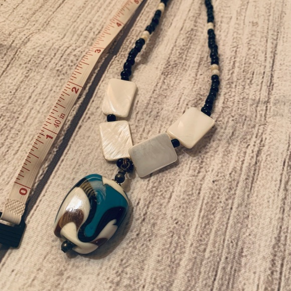 Black Beaded Necklace with Clay White and Blue Pendant - Picture 2 of 5